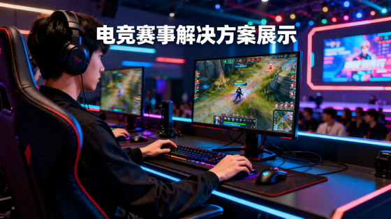 电竞赛事现场战队选手正在进行对抗的画面，用于电竞赛事解决方案展示